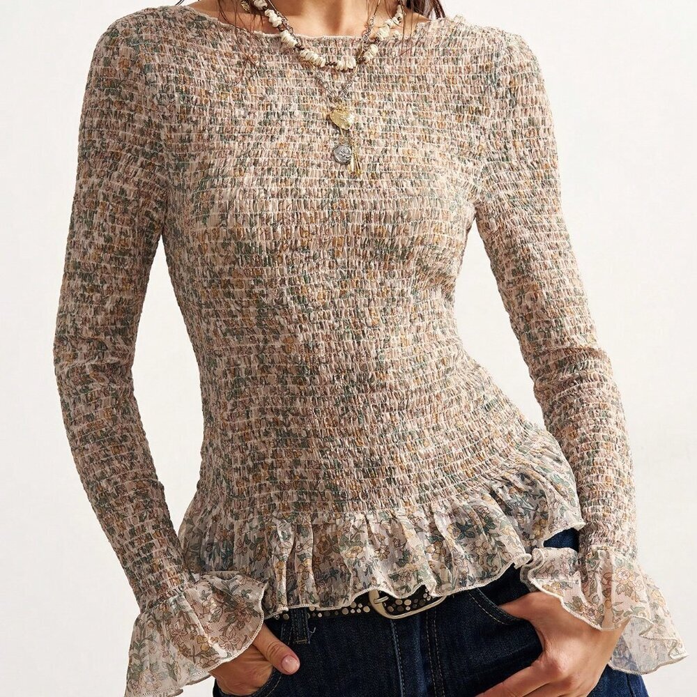 Yellow Casual Women's Printed Round Neck Long Sleeve Blouse - Picture 7 of 8